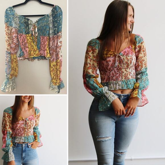 Urban Outfitters Tops - Gigi Boho Maximalist Floral Prairie Bell Sleeve Feminine Patchwork Smocked Top M